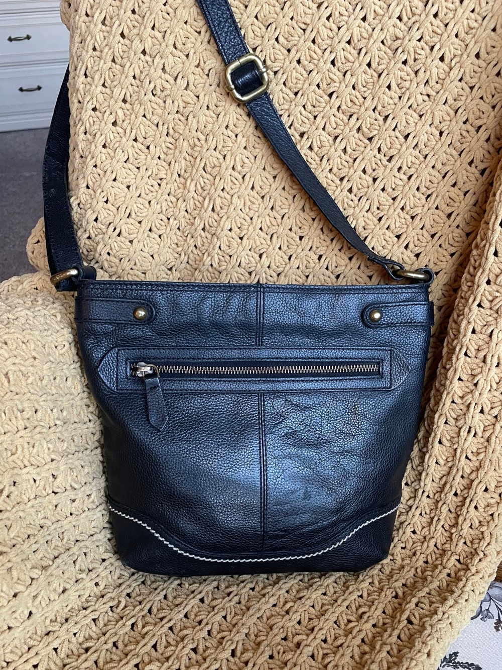 Born Black Leather Crossbody Bag with Contrast Stitching